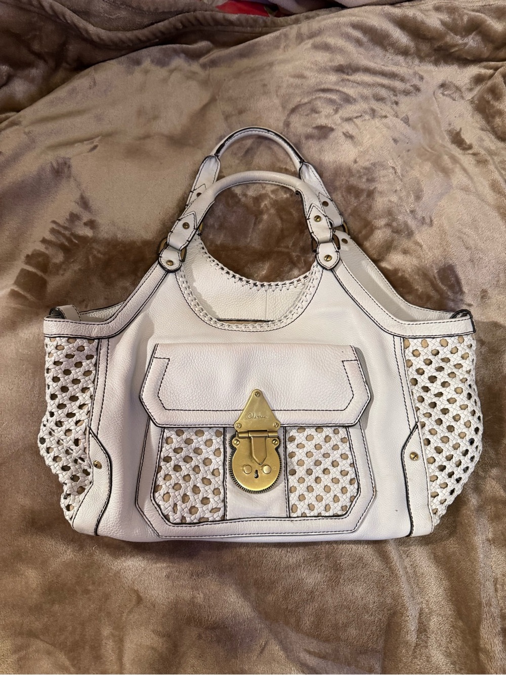 Cole Haan White Woven Shoulder Bag with Gold-Tone Lock